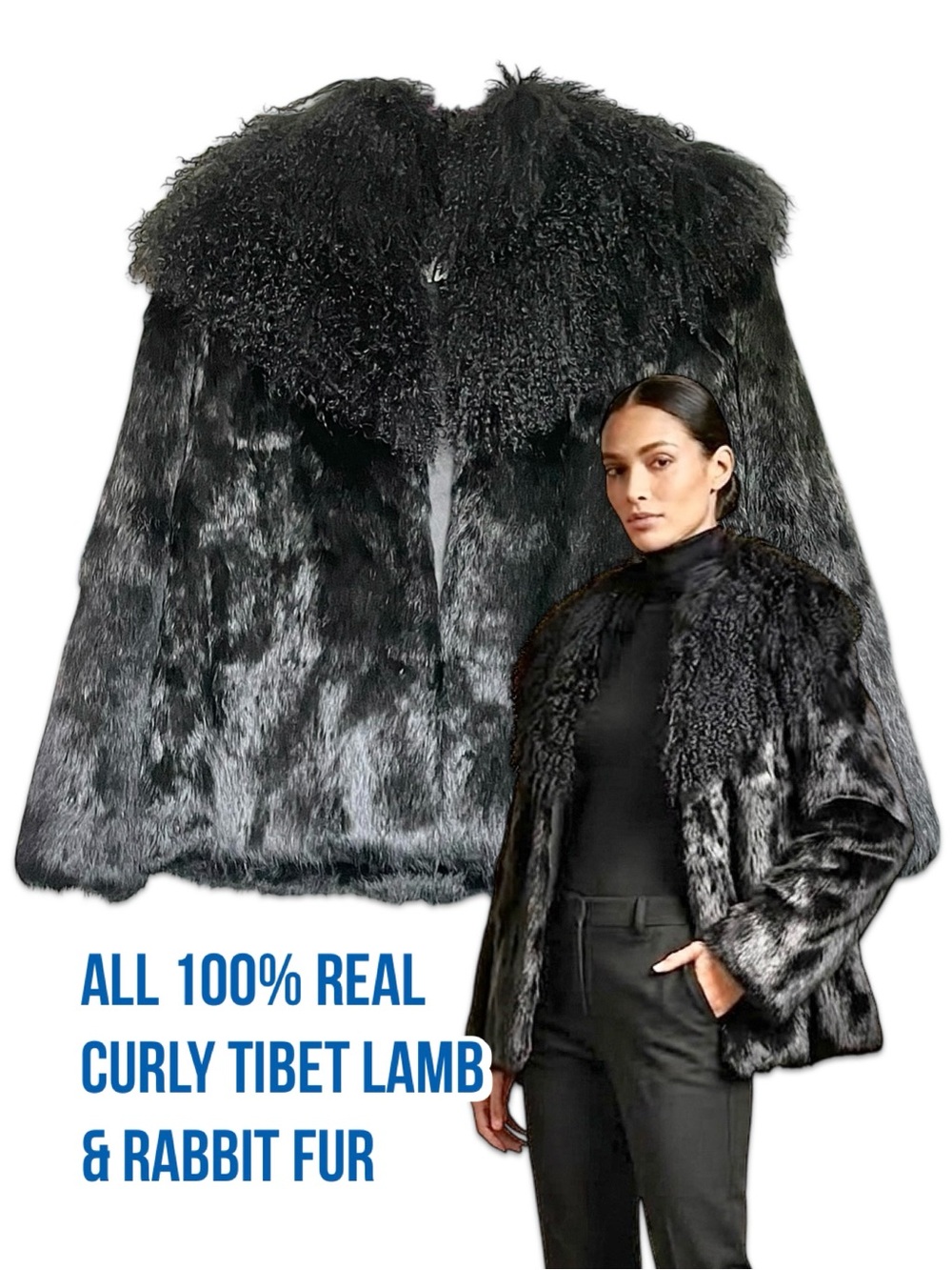 Niki Curly Tibet Lamb & Rabbit Mixed Fur Black coat size Medium new Jacket